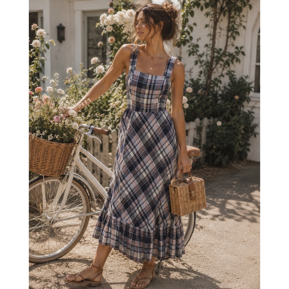 52seven Plaid Maxi Dress Navy Pink Linen Blend Smocked Ruffle Hem Women Size 6